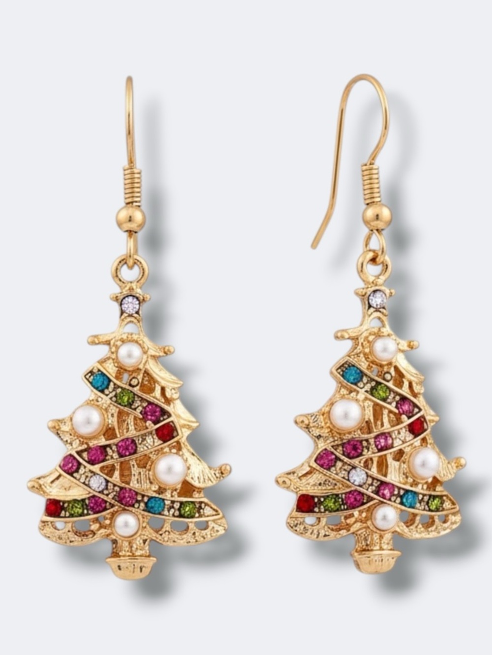 Christmas Tree Gold Tone Fashion Dangle Earrings Faux Pearl Rhinestones Festive